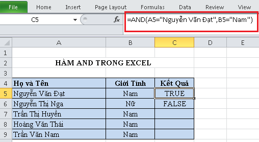 Hàm AND trong Excel