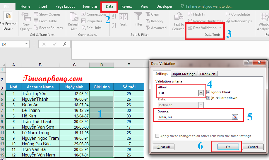 Data Validation trong Excel