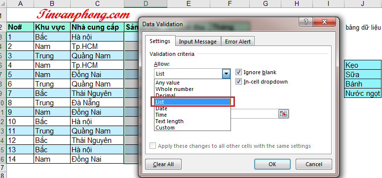 Data Validation trong Excel