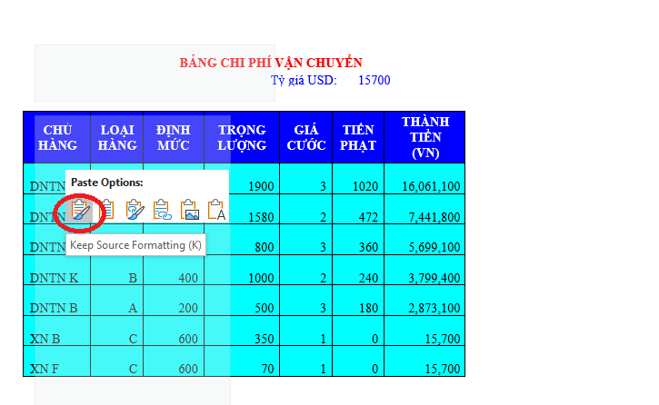 Cách copy dữ liệu từ Excel sang Word