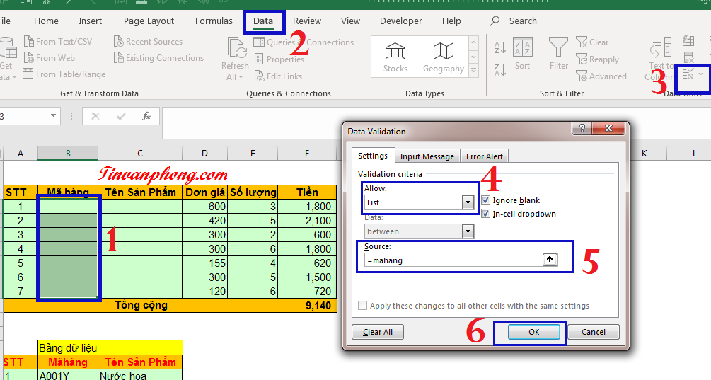 Data Validation trong Excel