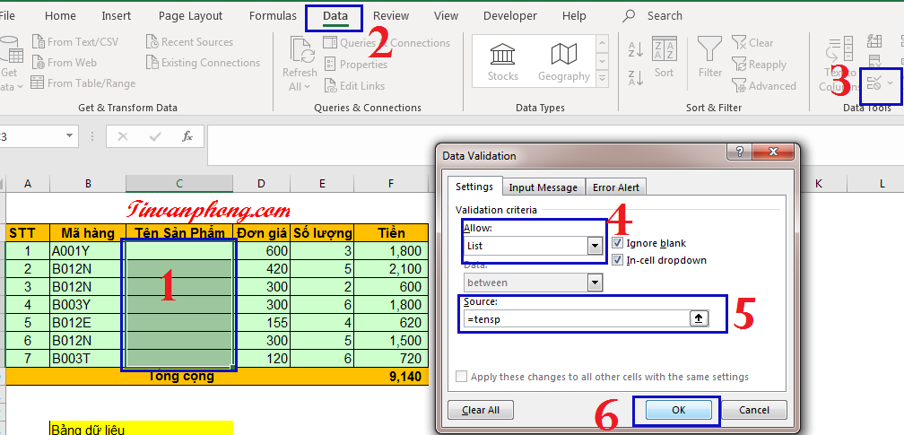 Data Validation trong Excel