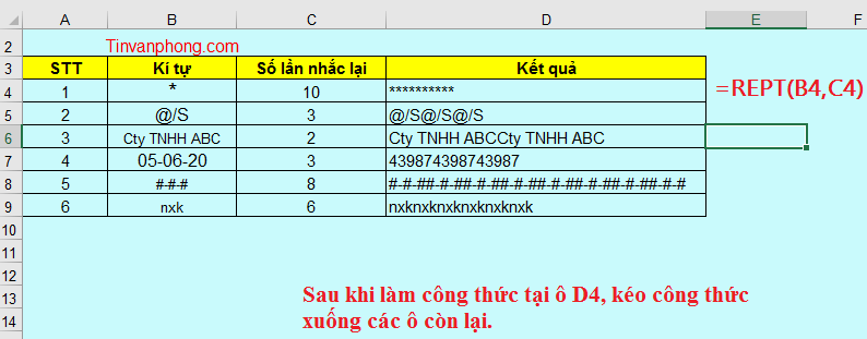 Cách sử dụng hàm REPT trong Excel