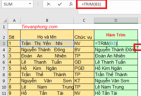 Cách sử dụng hàm Trim trong Excel