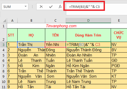 Cách sử dụng hàm Trim trong Excel