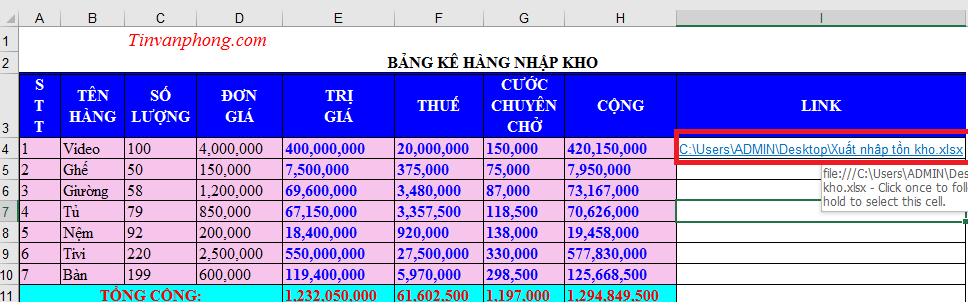 Cách tạo hyperlink trong Excel