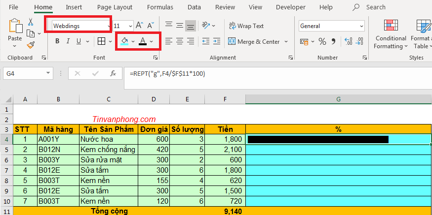 Cách sử dụng hàm REPT trong Excel
