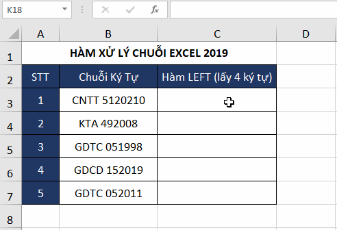 vi-du-ham-left-excel-2019 Hàm Xử Lý Chuỗi trong Excel 2019