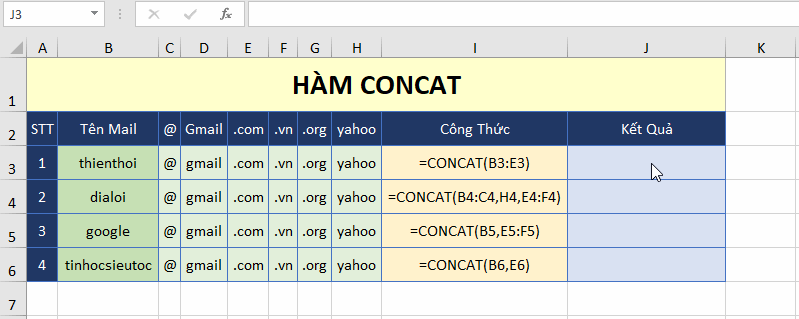ham-concat-excel-2019 Hàm Xử Lý Chuỗi trong Excel 2019