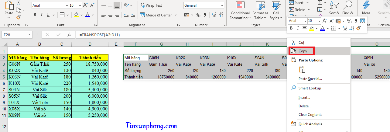 Hướng dẫn sử dụng hàm Transpose trong Excel