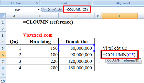 Cách sử dụng hàm Column trong Excel