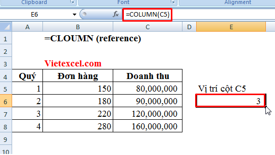 Cách sử dụng hàm Column trong Excel