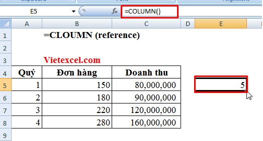 Cách sử dụng hàm Column trong Excel