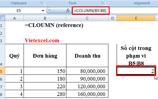 Cách sử dụng hàm Column trong Excel