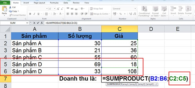 Hướng dẫn sử dụng hàm sumproduct