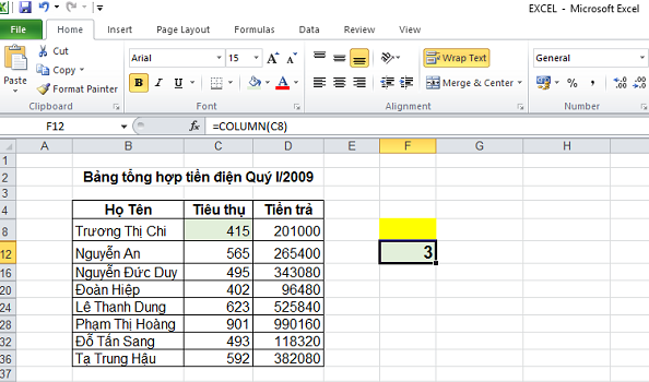 Cách sử dụng hàm Column trong Excel