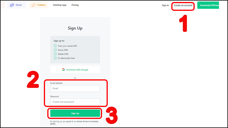 Cách tạo tài khoản Diffchecker