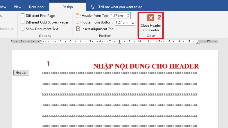 Header and Footer trong Word 2019