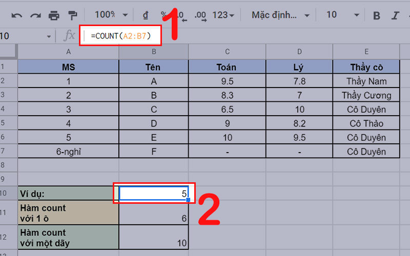 Bài giải ví dụ về hàm COUNT sử dụng hàm COUNT trong Google Sheet