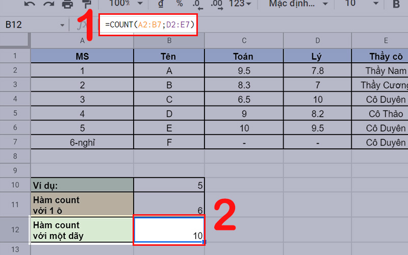 Hàm COUNT với một vùng ô
