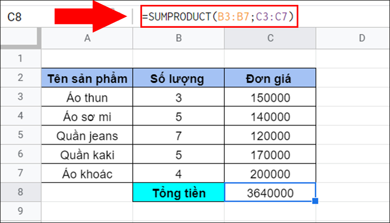 Cách sử dụng hàm SUMPRODUCT trong Google Sheet tính tích tổng