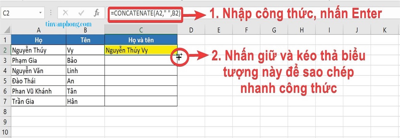 Hàm CONCATENATE nối chuỗi văn bản của nhiều cột hoặc hàng lại với nhau